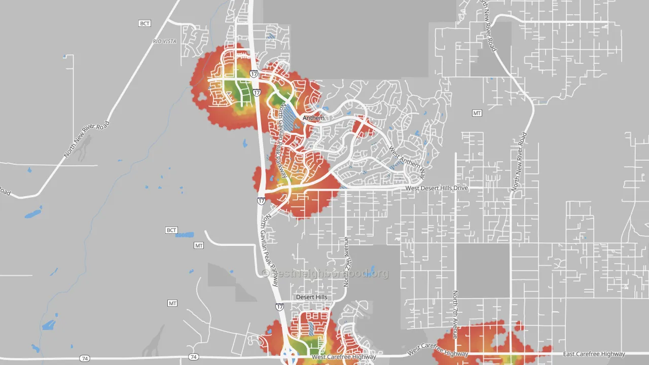 Walk Grade map of Anthem, AZ, walkable areas in green and car-dependent areas in red