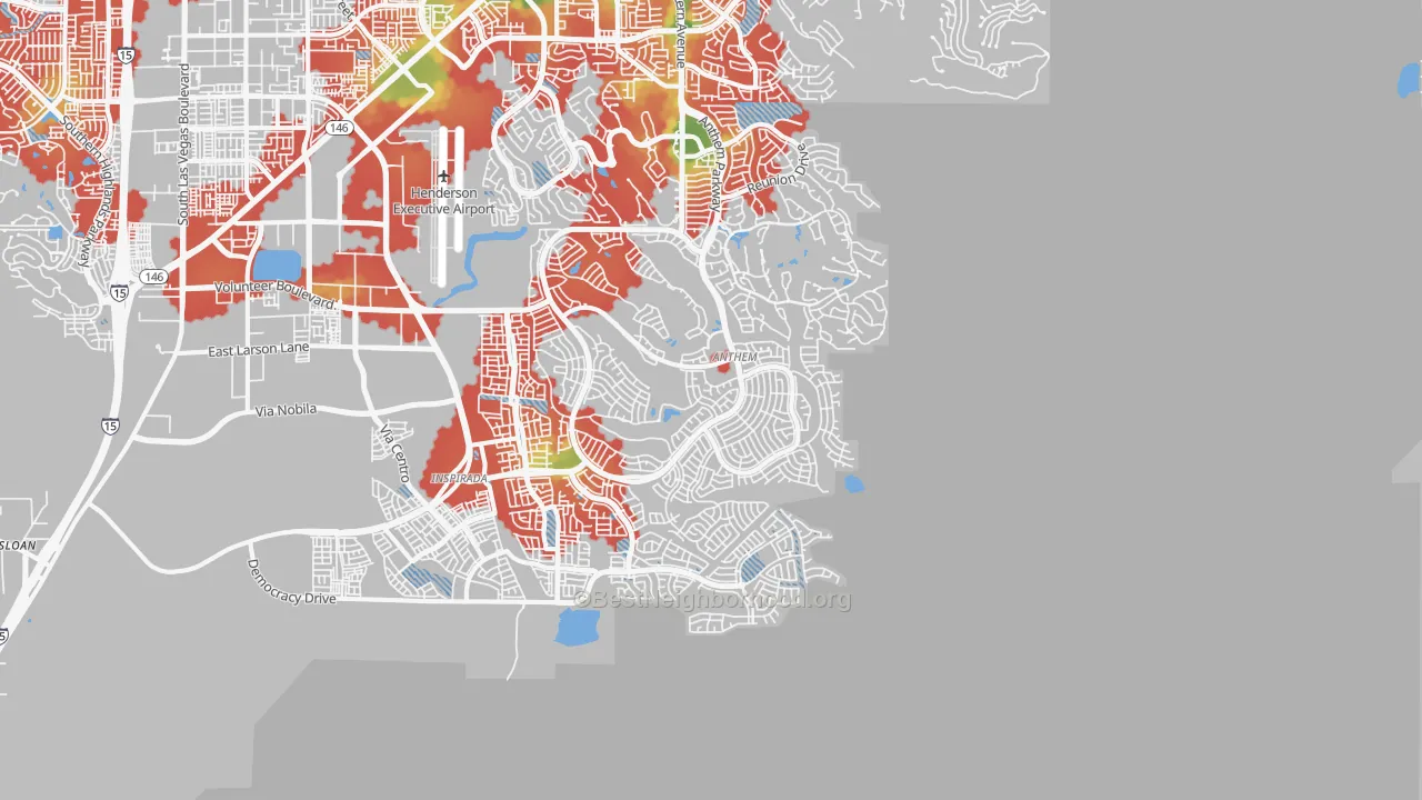 Walk Grade map of Anthem, Henderson, NV, walkable areas in green and car-dependent areas in red