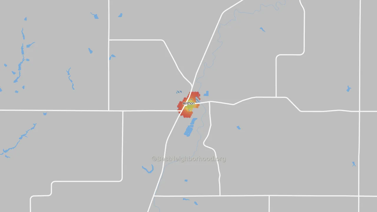 Walk Grade map of Anthon, IA, walkable areas in green and car-dependent areas in red