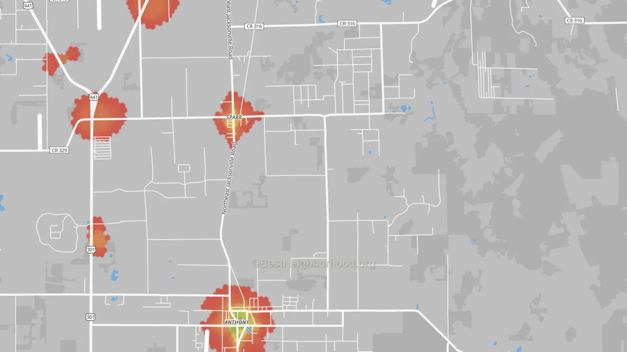 Walk Grade map of Anthony, FL, walkable areas in green and car-dependent areas in red