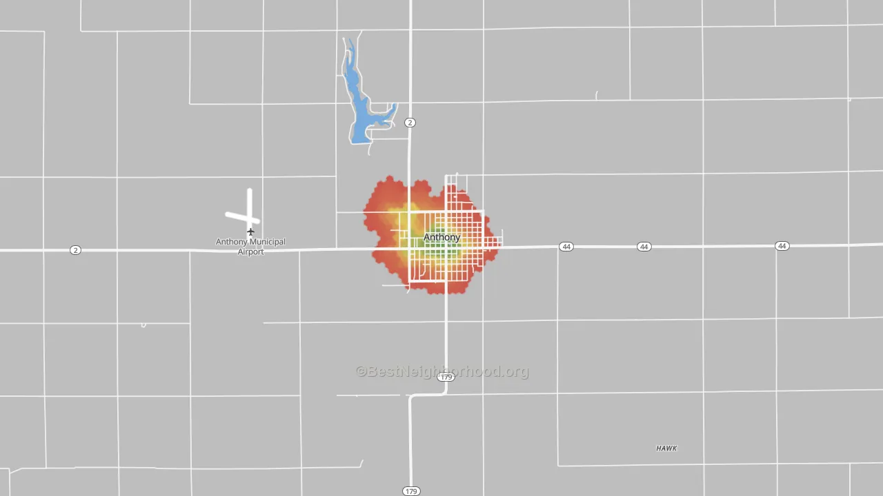 Walk Grade map of Anthony, KS, walkable areas in green and car-dependent areas in red