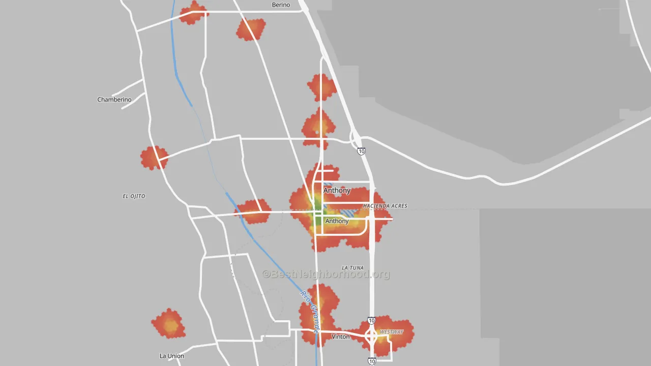 Walk Grade map of Anthony, NM, walkable areas in green and car-dependent areas in red