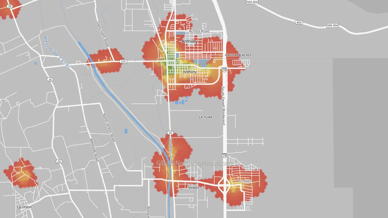 Walk Grade map of Anthony, TX, walkable areas in green and car-dependent areas in red
