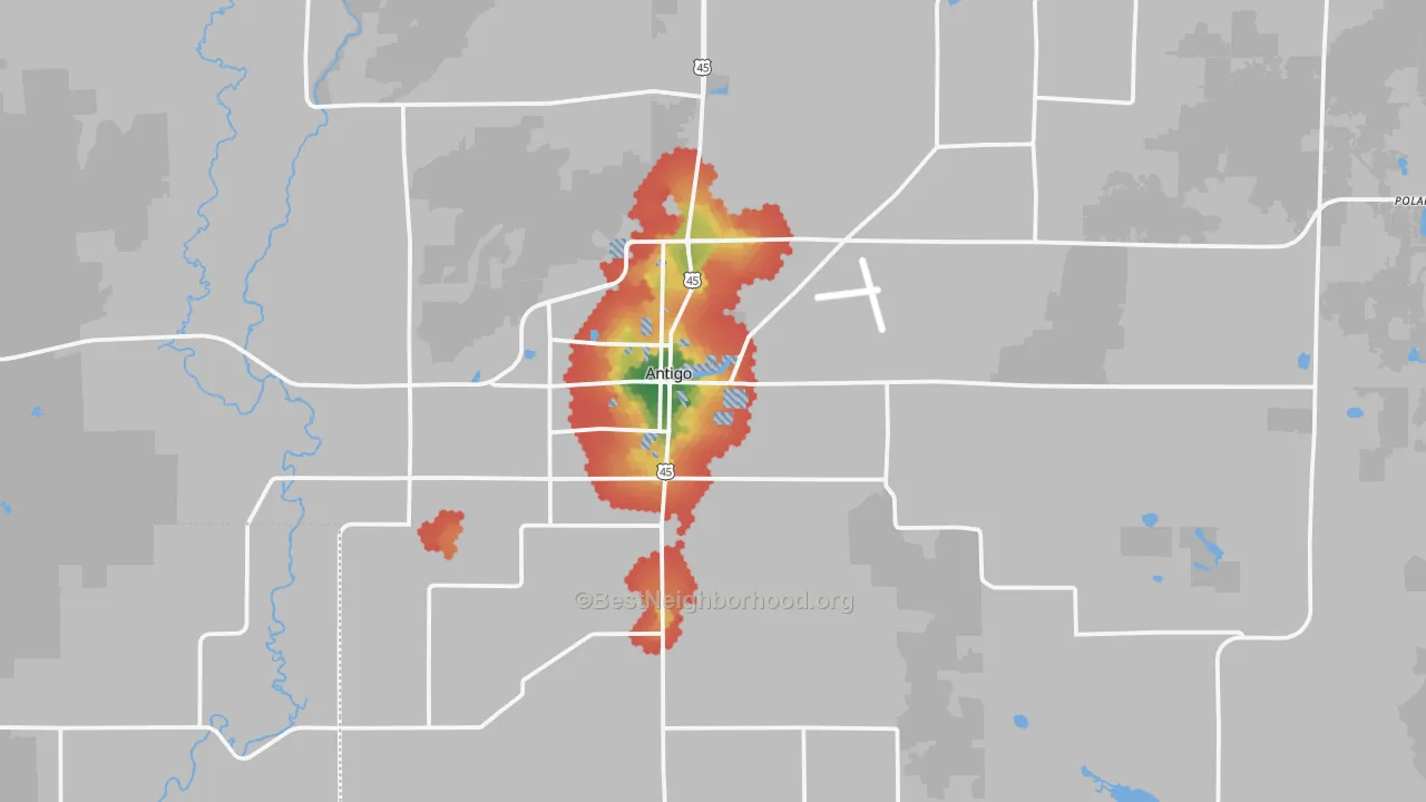 Walk Grade map of Antigo, WI, walkable areas in green and car-dependent areas in red