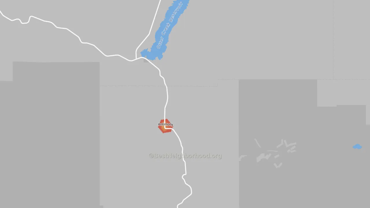 Walk Grade map of Antimony, UT, walkable areas in green and car-dependent areas in red