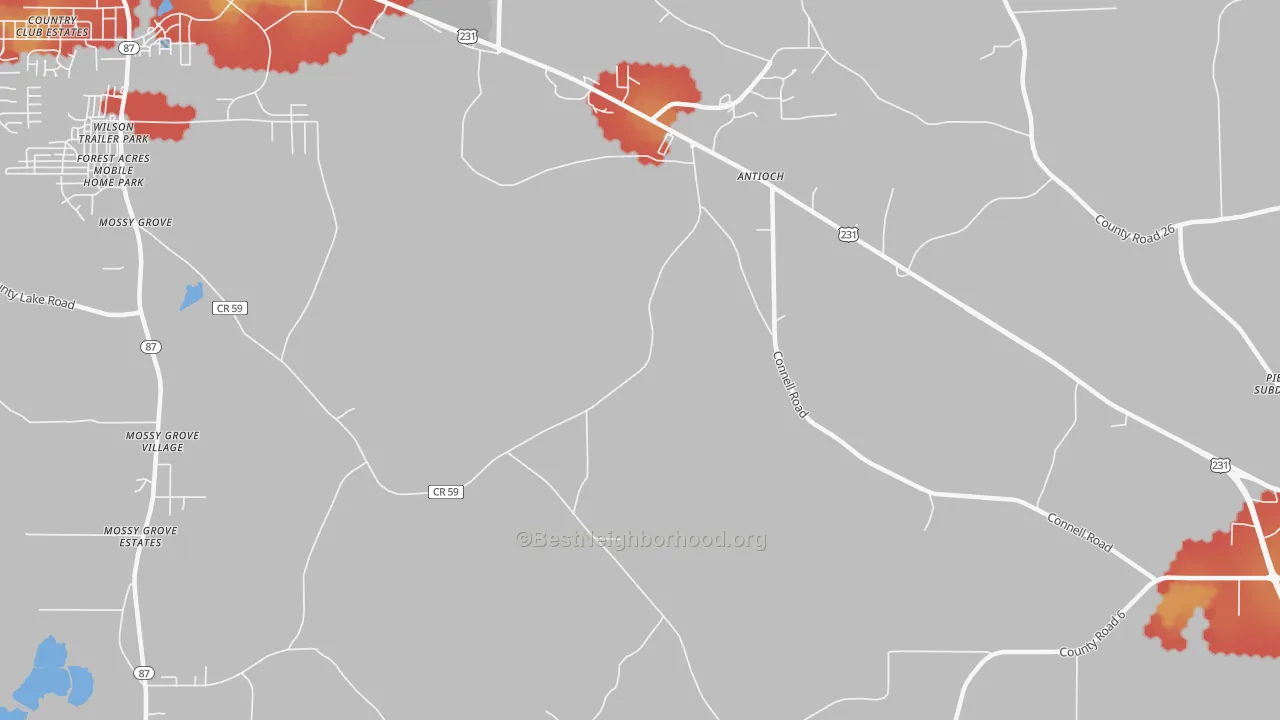 Walk Grade map of Antioch, AL, walkable areas in green and car-dependent areas in red