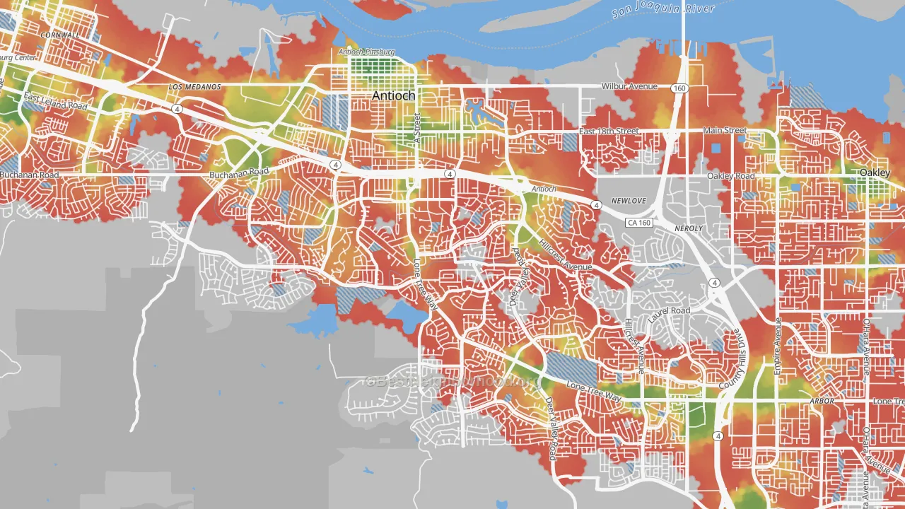Walk Grade map of Antioch, CA, walkable areas in green and car-dependent areas in red