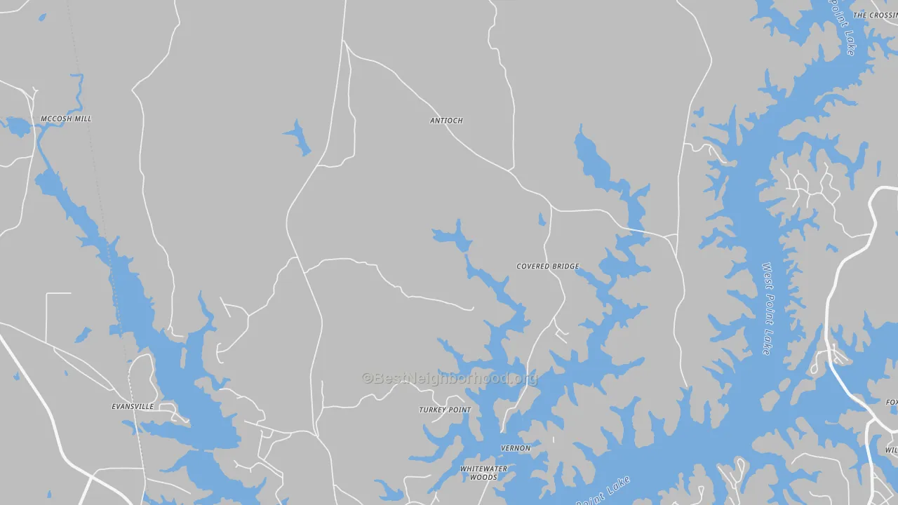 Walk Grade map of Antioch, GA, walkable areas in green and car-dependent areas in red