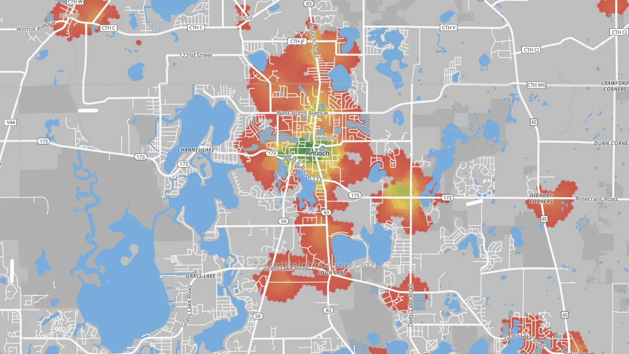 Walk Grade map of Antioch, IL, walkable areas in green and car-dependent areas in red