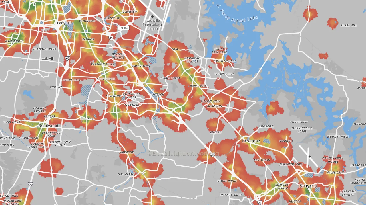 Walk Grade map of Antioch, TN, walkable areas in green and car-dependent areas in red