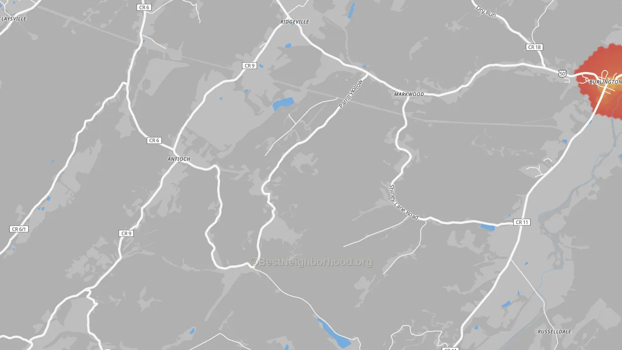 Walk Grade map of Antioch, WV, walkable areas in green and car-dependent areas in red