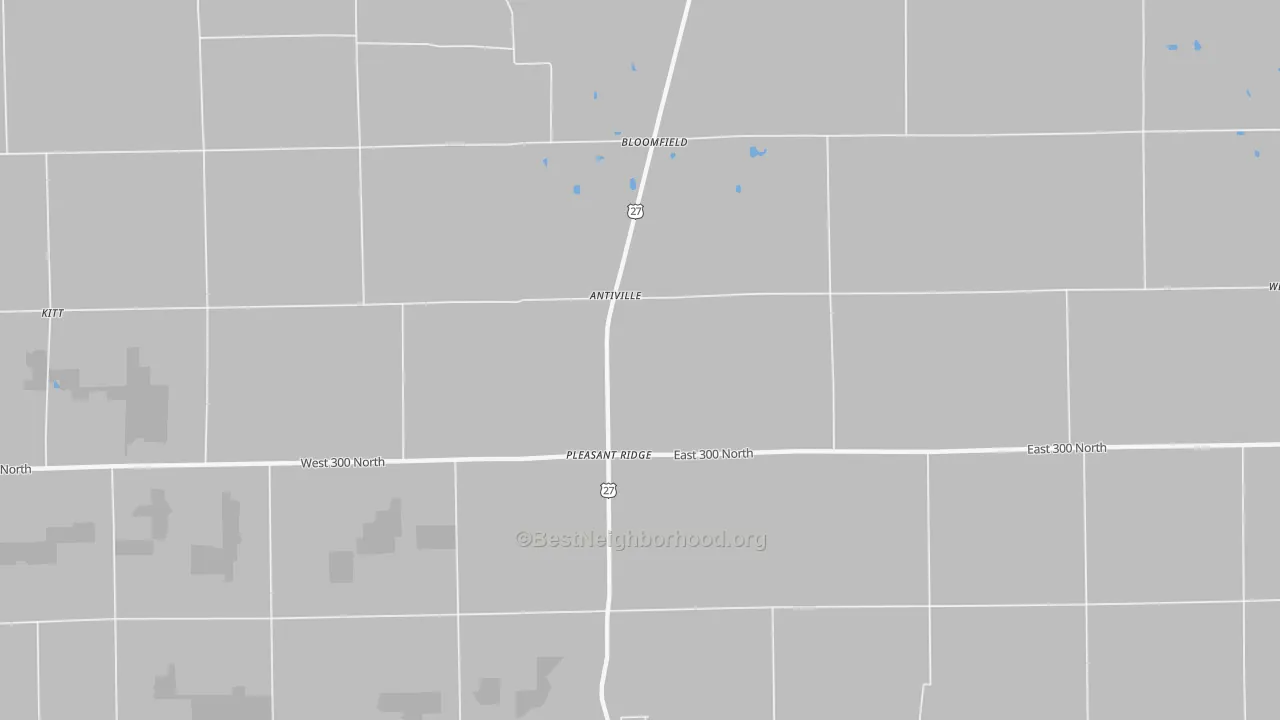 Walk Grade map of Antiville, IN, walkable areas in green and car-dependent areas in red