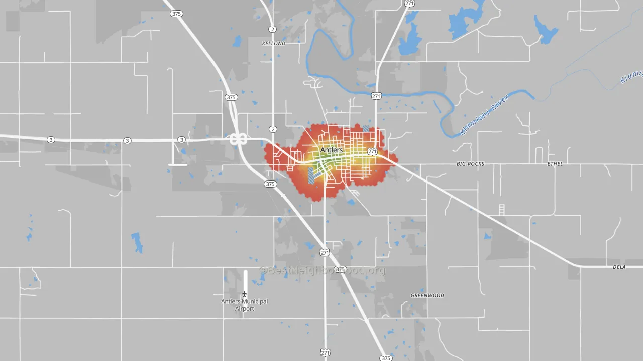 Walk Grade map of Antlers, OK, walkable areas in green and car-dependent areas in red