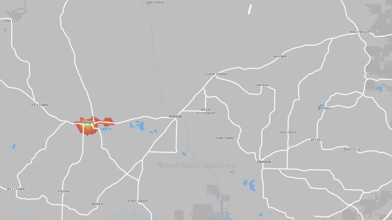 Walk Grade map of Antoine, AR, walkable areas in green and car-dependent areas in red