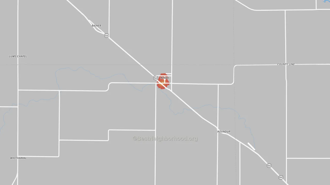 Walk Grade map of Anton, TX, walkable areas in green and car-dependent areas in red