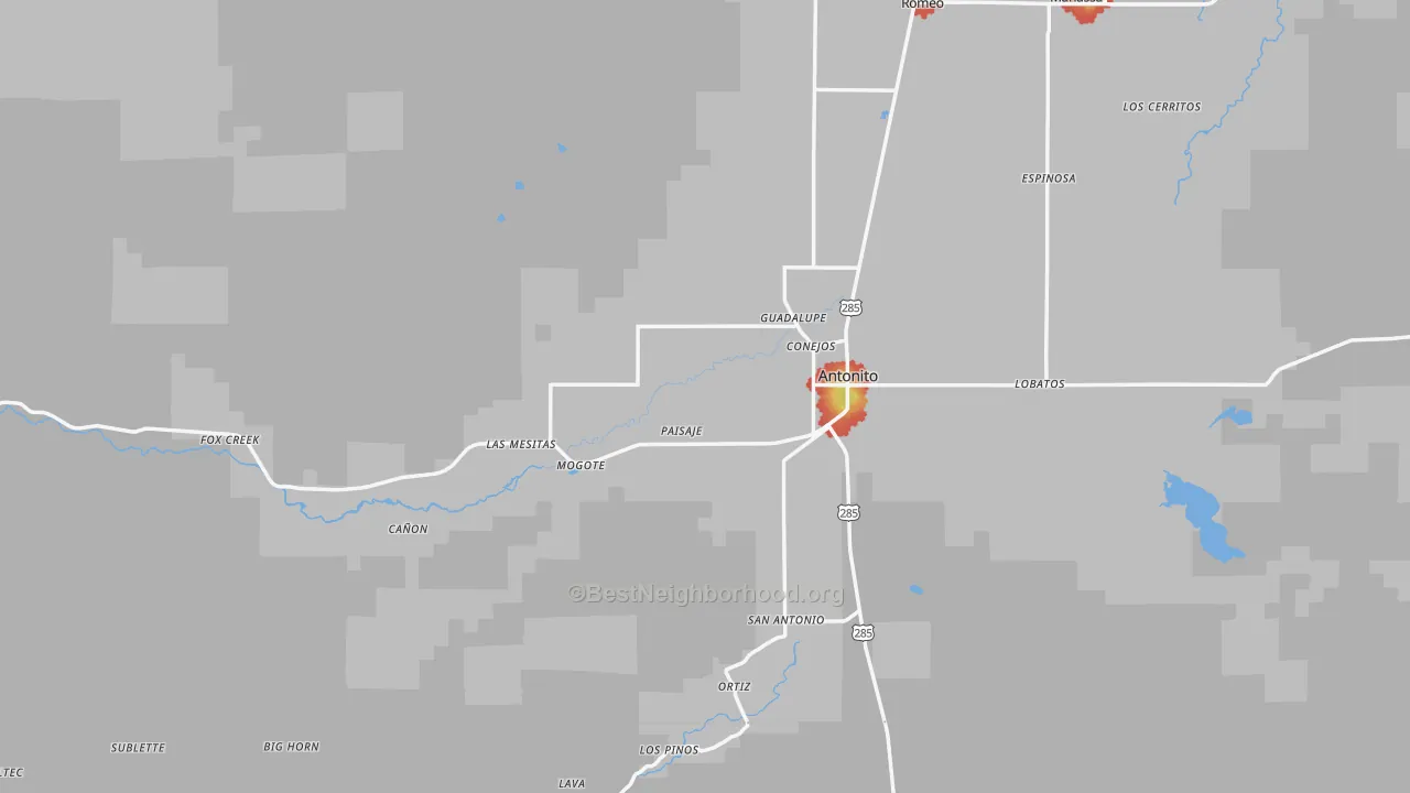Walk Grade map of Antonito, CO, walkable areas in green and car-dependent areas in red