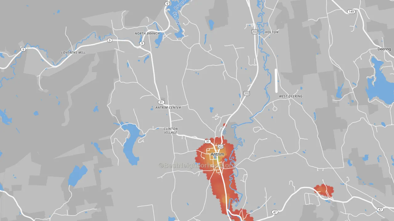 Walk Grade map of Antrim, NH, walkable areas in green and car-dependent areas in red
