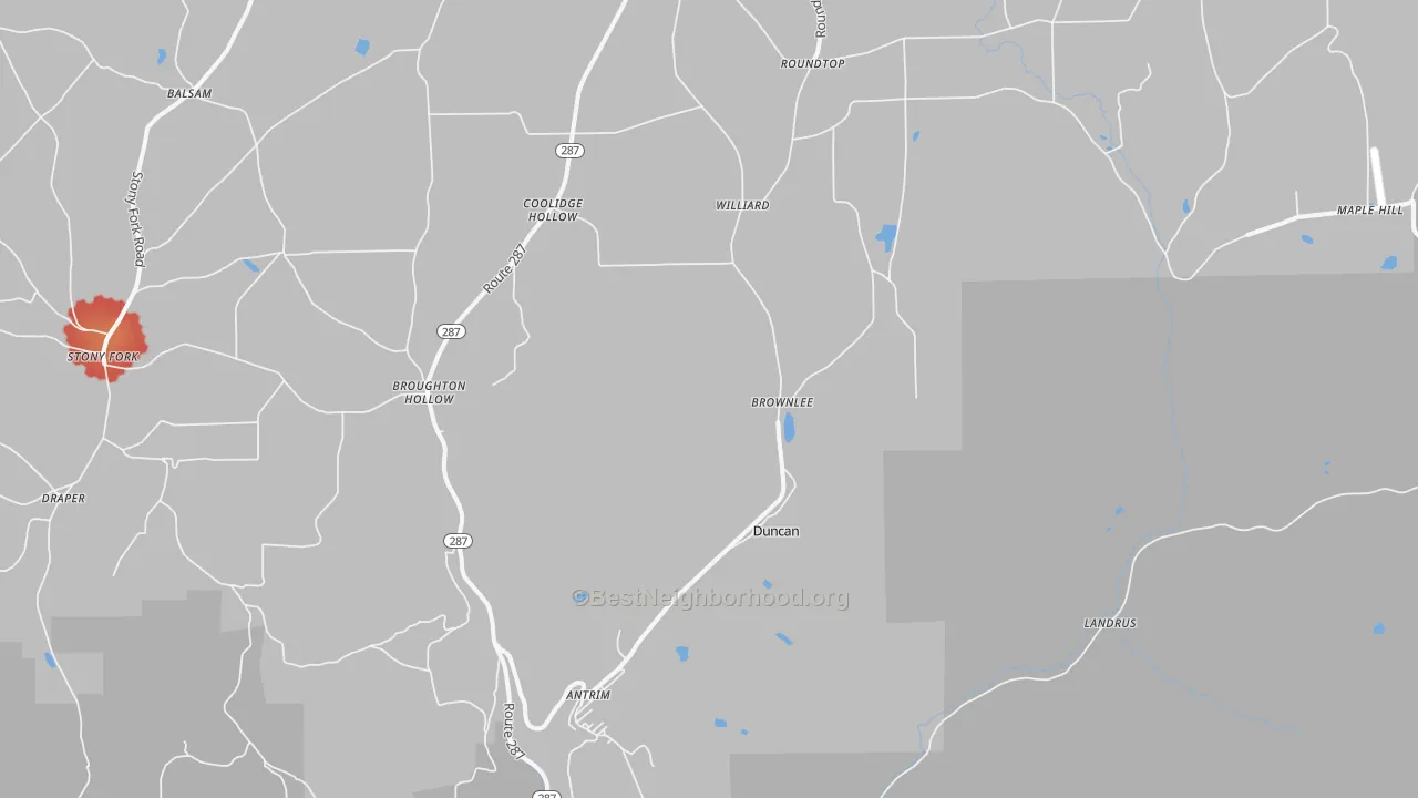 Walk Grade map of Antrim, PA, walkable areas in green and car-dependent areas in red