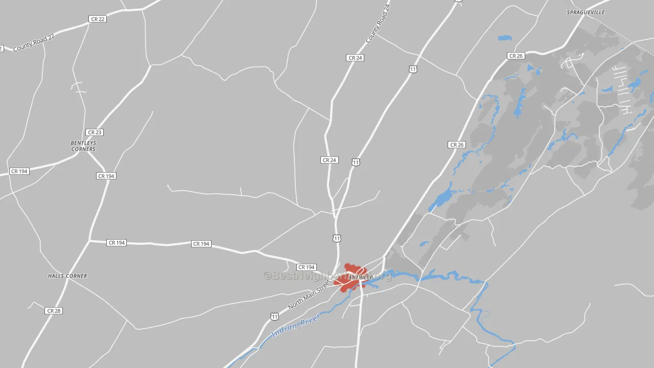 Walk Grade map of Antwerp, NY, walkable areas in green and car-dependent areas in red