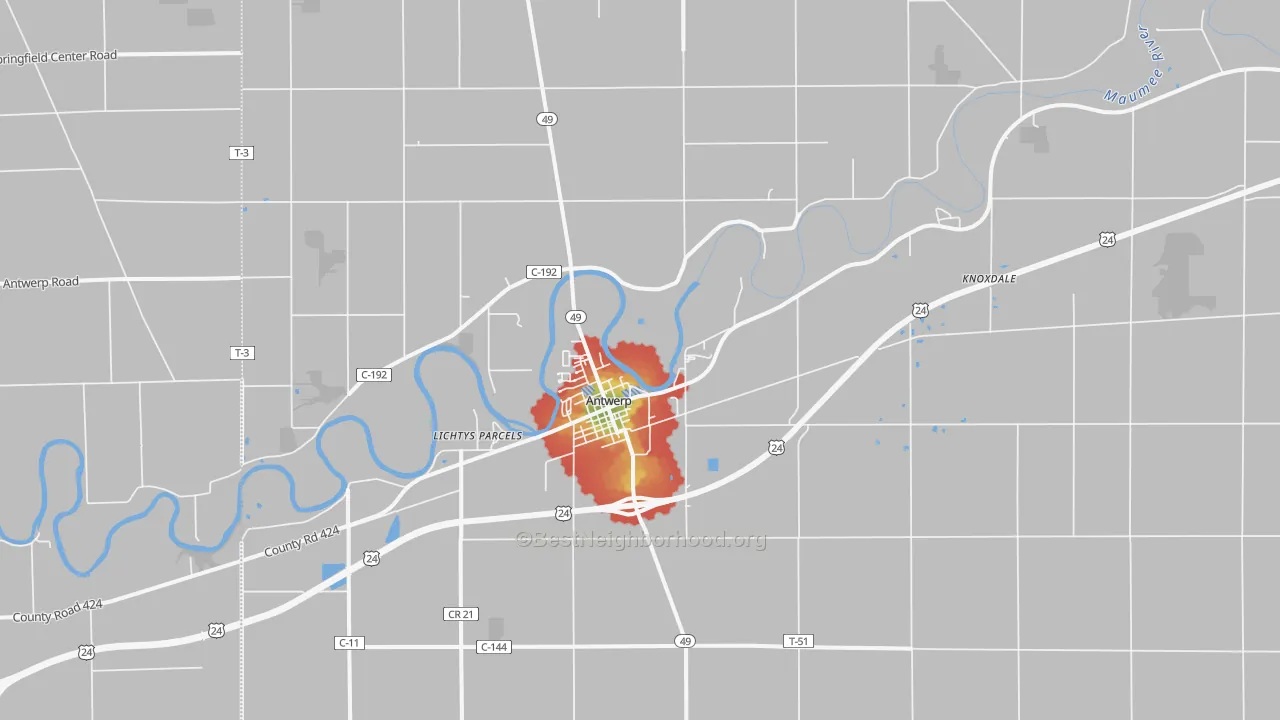 Walk Grade map of Antwerp, OH, walkable areas in green and car-dependent areas in red