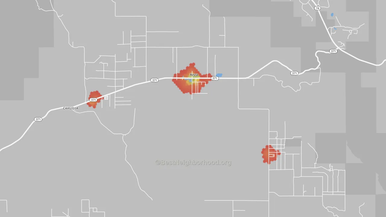 Walk Grade map of Anza, CA, walkable areas in green and car-dependent areas in red