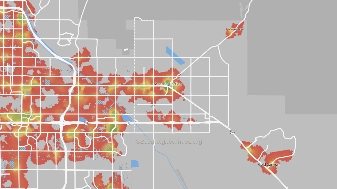 Walk Grade map of Apache Junction, AZ, walkable areas in green and car-dependent areas in red