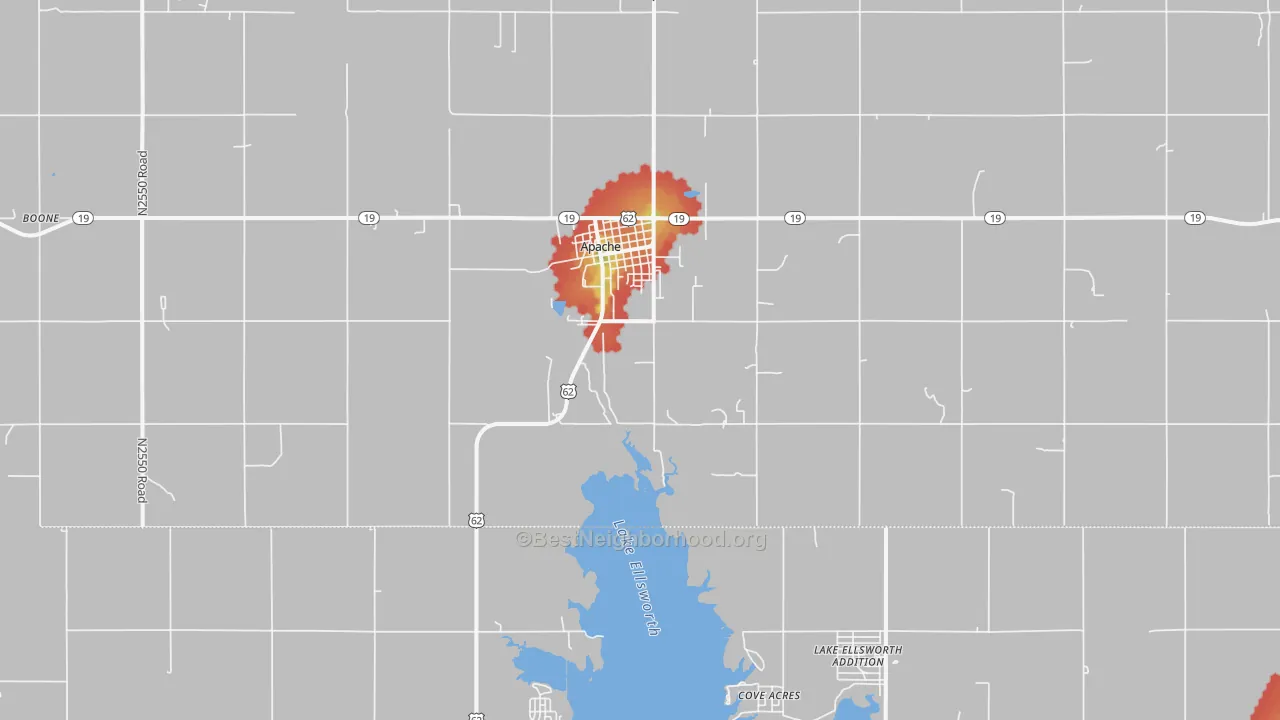 Walk Grade map of Apache, OK, walkable areas in green and car-dependent areas in red