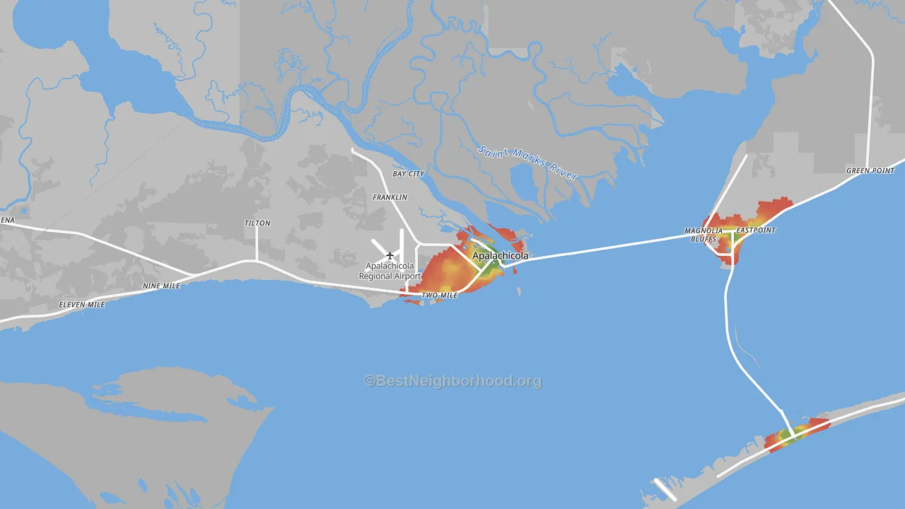 Walk Grade map of Apalachicola, FL, walkable areas in green and car-dependent areas in red