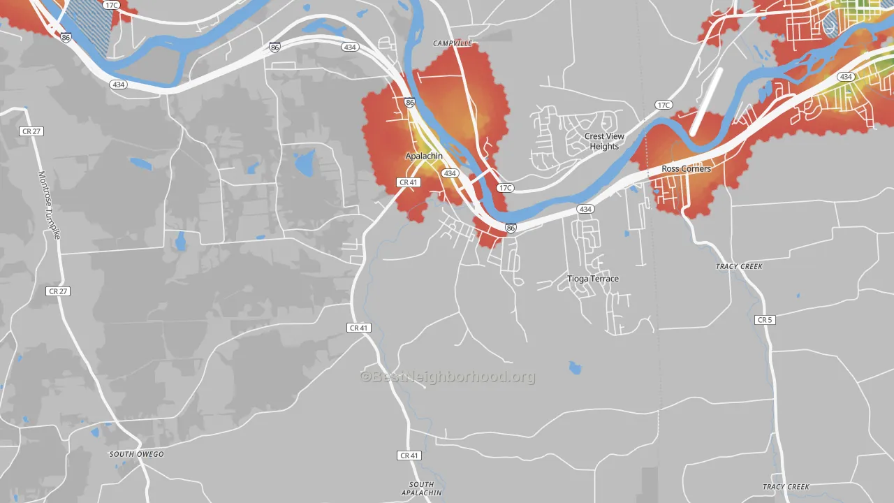 Walk Grade map of Apalachin, NY, walkable areas in green and car-dependent areas in red