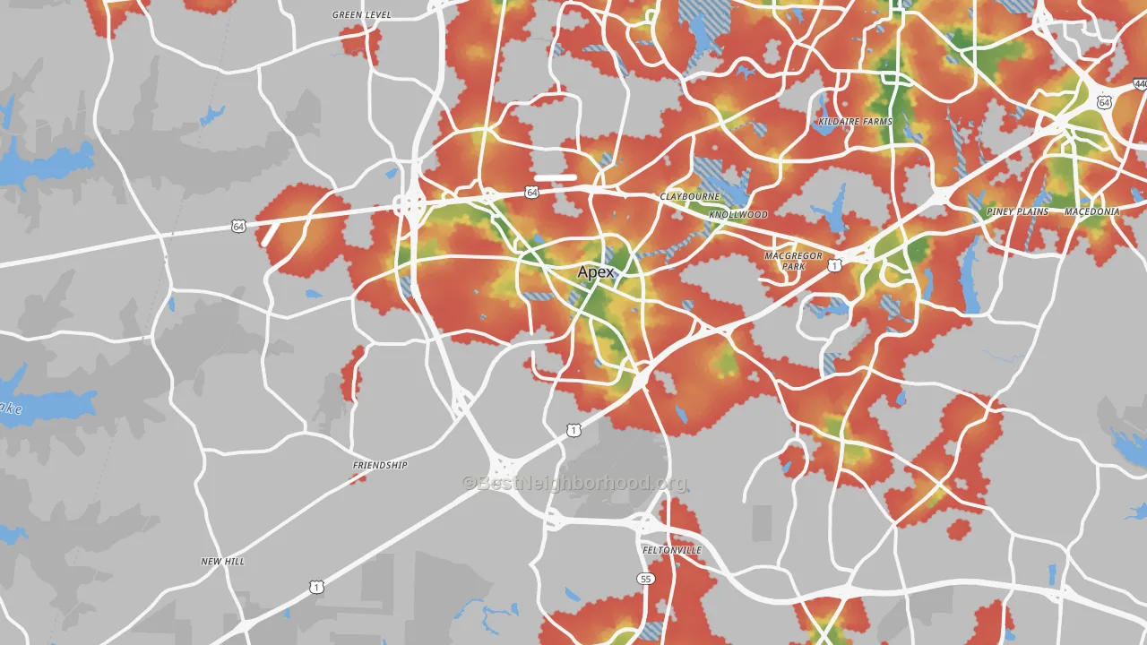 Walk Grade map of Apex, NC, walkable areas in green and car-dependent areas in red