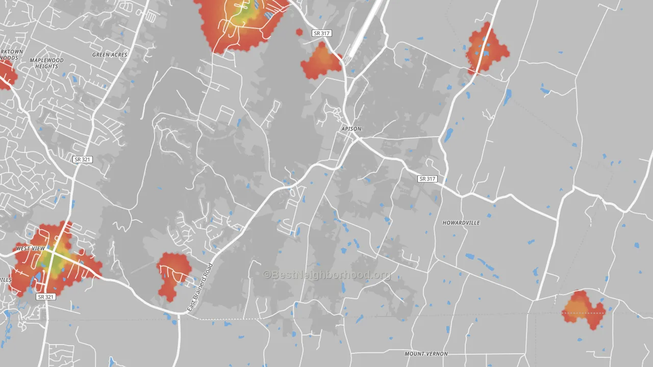 Walk Grade map of Apison, TN, walkable areas in green and car-dependent areas in red