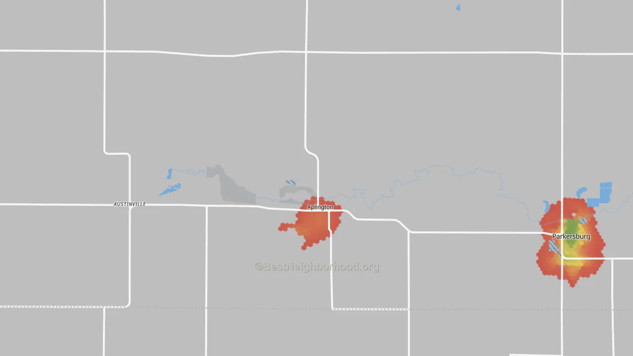 Walk Grade map of Aplington, IA, walkable areas in green and car-dependent areas in red
