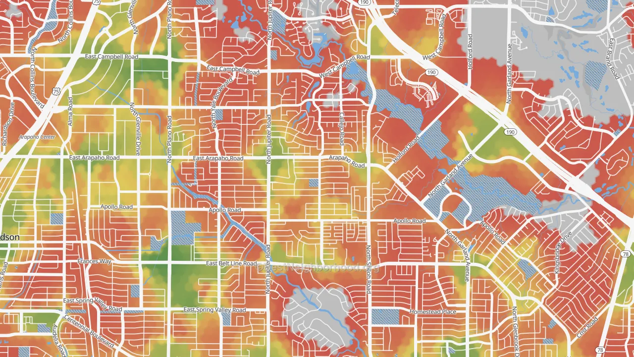 Walk Grade map of Apollo Arapaho and Camelot, Garland, TX, walkable areas in green and car-dependent areas in red