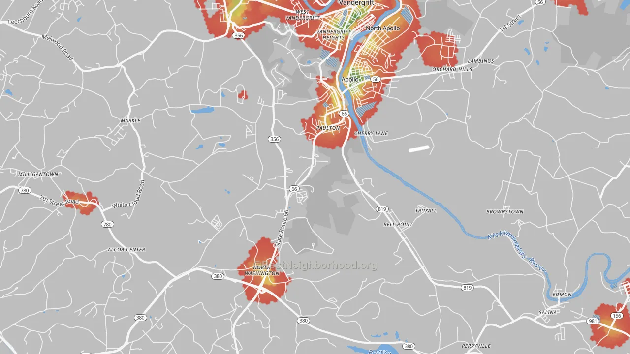 Walk Grade map of Apollo, PA, walkable areas in green and car-dependent areas in red