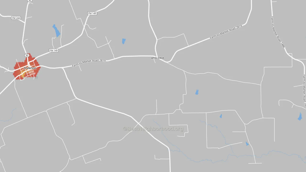 Walk Grade map of Apolonia, TX, walkable areas in green and car-dependent areas in red