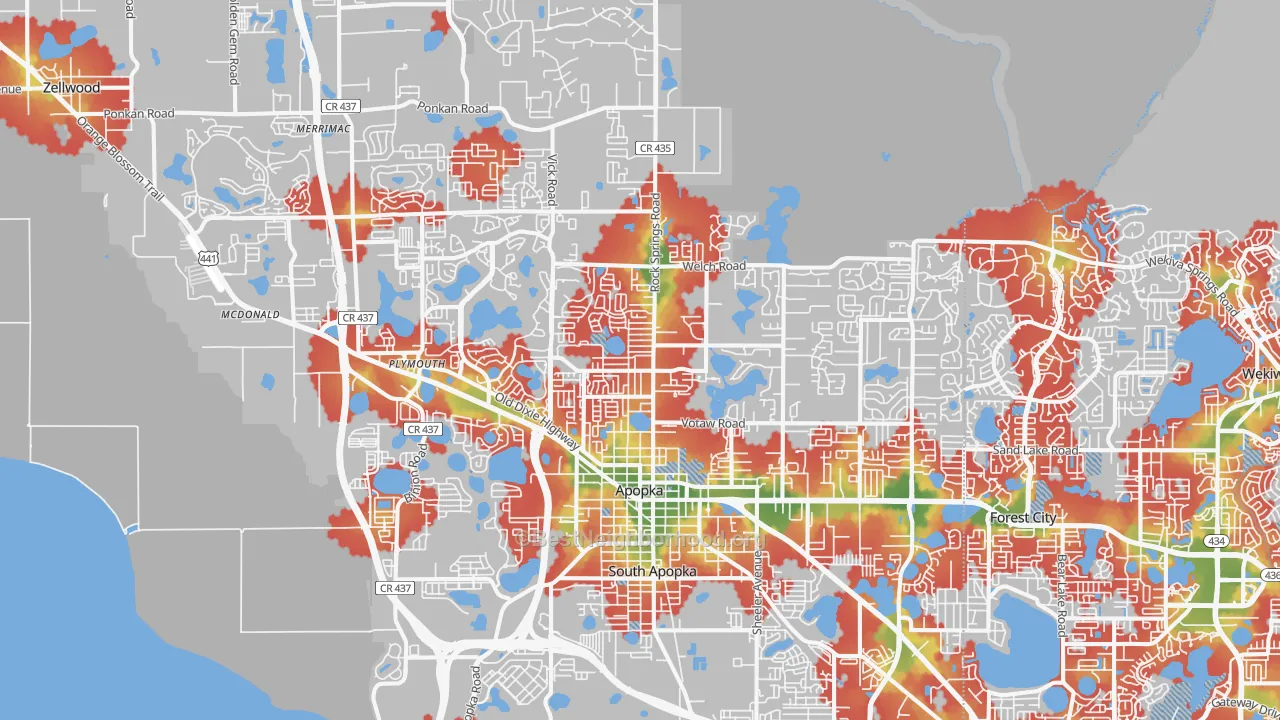 Walk Grade map of Apopka, FL, walkable areas in green and car-dependent areas in red