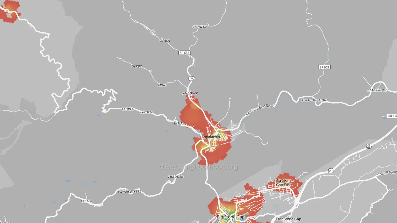 Walk Grade map of Appalachia, VA, walkable areas in green and car-dependent areas in red
