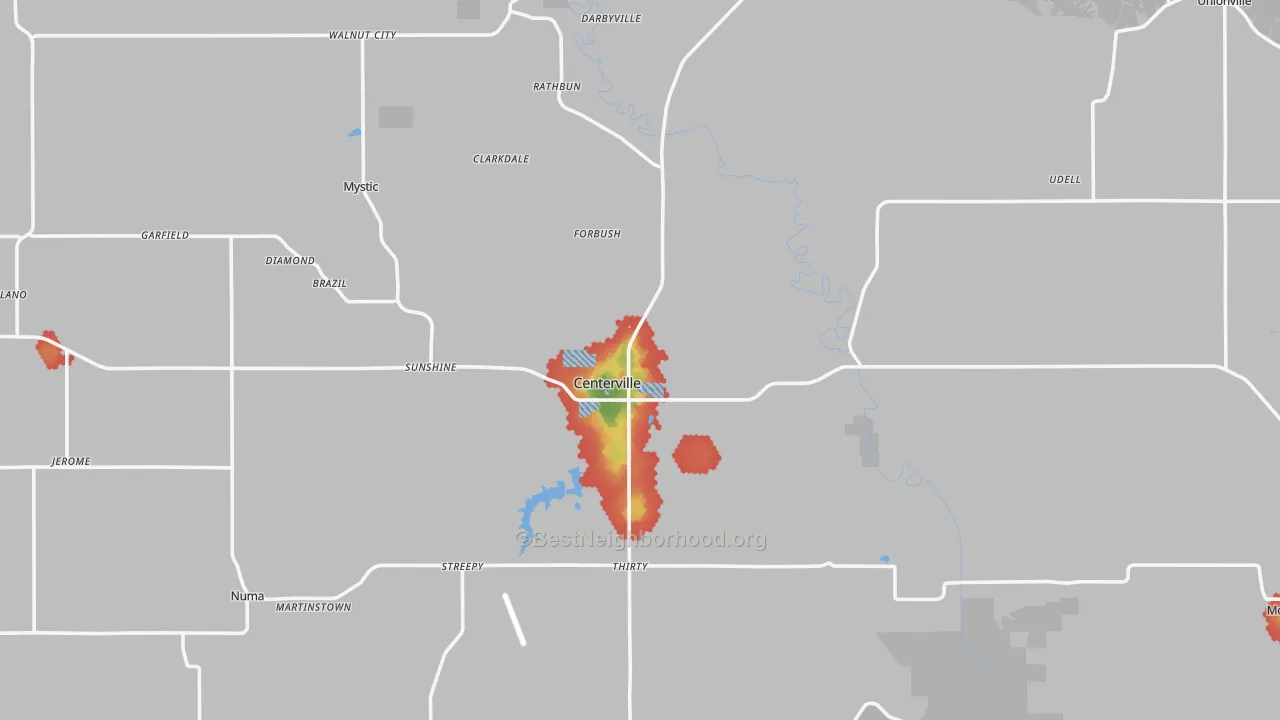 Walk Grade map of Appanoose County, IA, walkable areas in green and car-dependent areas in red