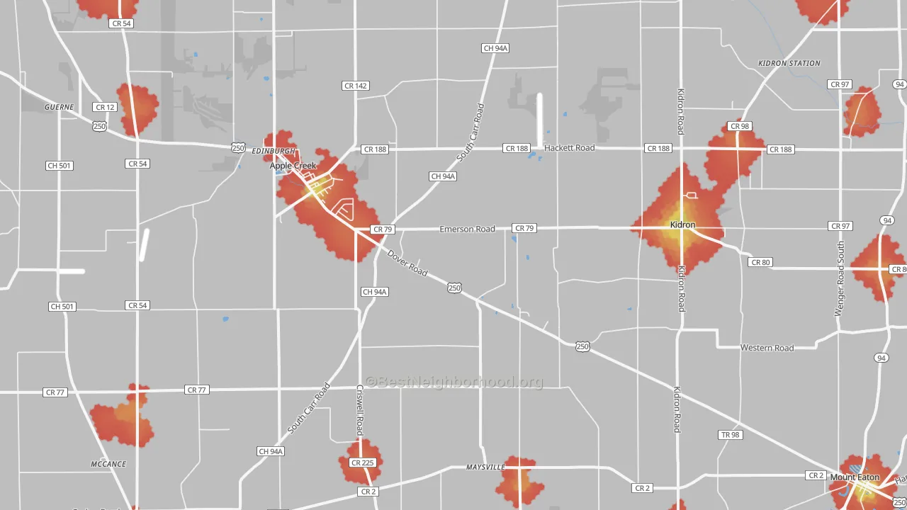 Walk Grade map of Apple Creek, OH, walkable areas in green and car-dependent areas in red