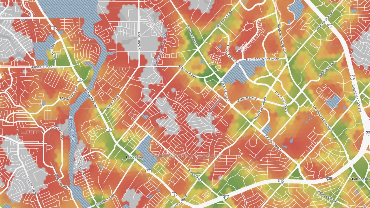 Walk Grade map of Apple Creek, San Antonio, TX, walkable areas in green and car-dependent areas in red