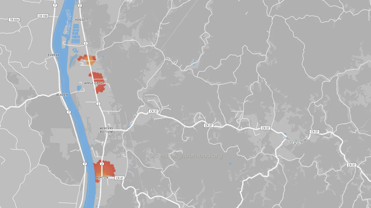 Walk Grade map of Apple Grove, WV, walkable areas in green and car-dependent areas in red