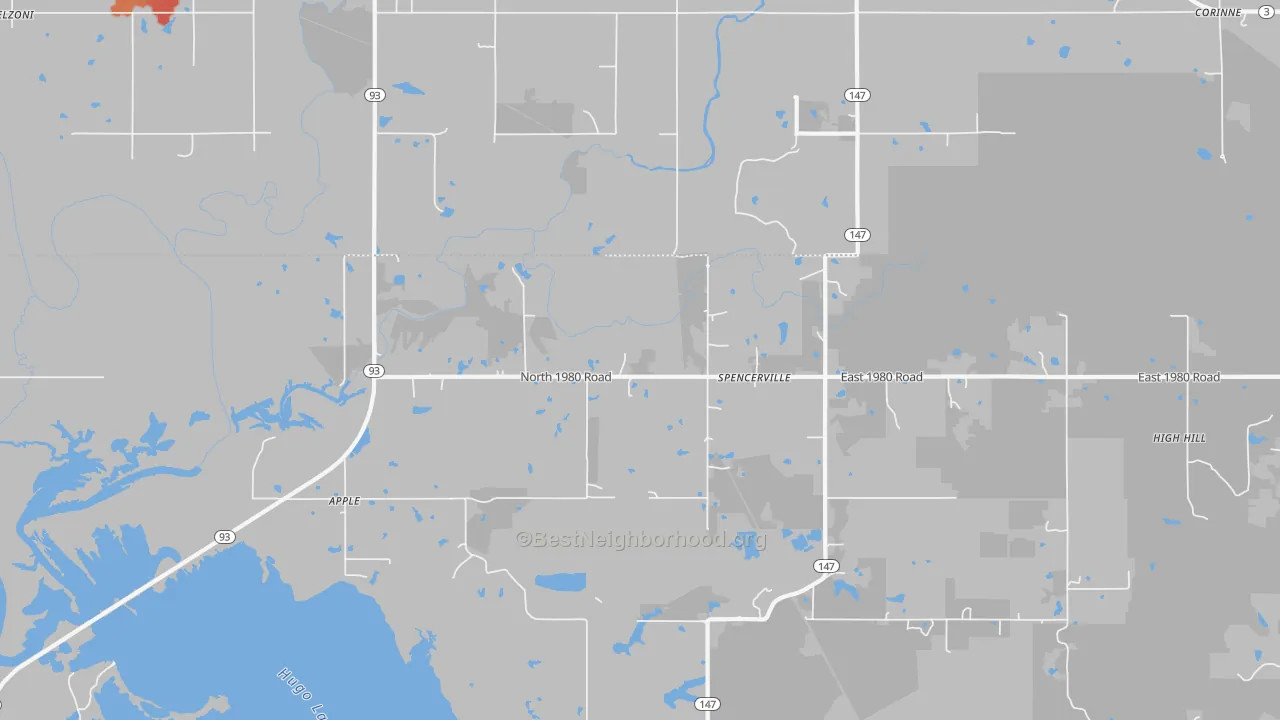 Walk Grade map of Apple, OK, walkable areas in green and car-dependent areas in red
