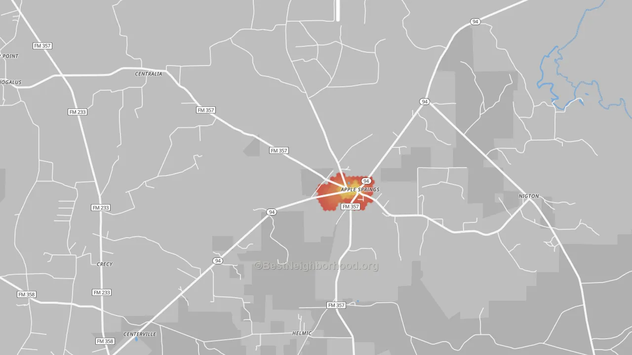 Walk Grade map of Apple Springs, TX, walkable areas in green and car-dependent areas in red