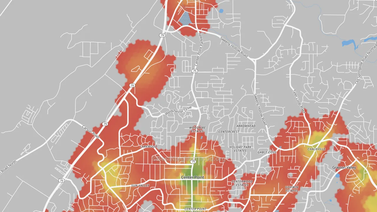 Walk Grade map of Apple Valley, Birmingham, AL, walkable areas in green and car-dependent areas in red