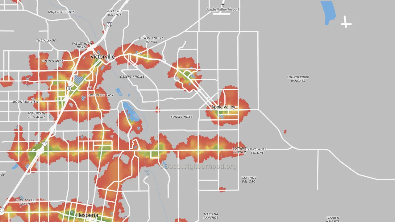 Walk Grade map of Apple Valley, CA, walkable areas in green and car-dependent areas in red