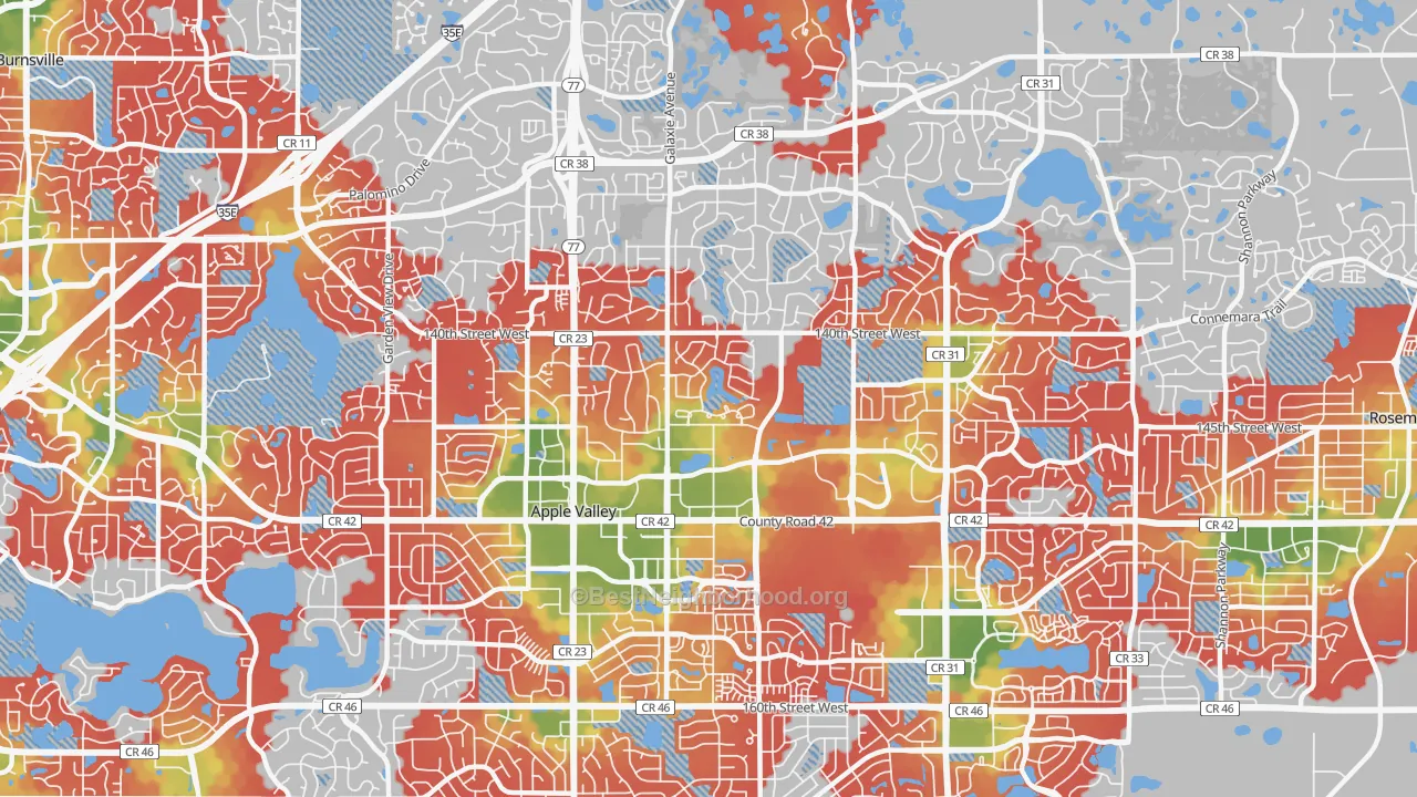 Walk Grade map of Apple Valley, MN, walkable areas in green and car-dependent areas in red