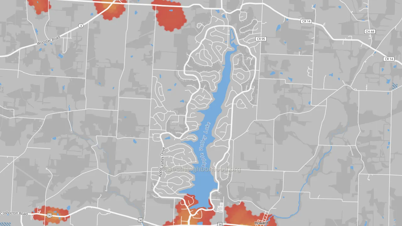 Walk Grade map of Apple Valley, OH, walkable areas in green and car-dependent areas in red