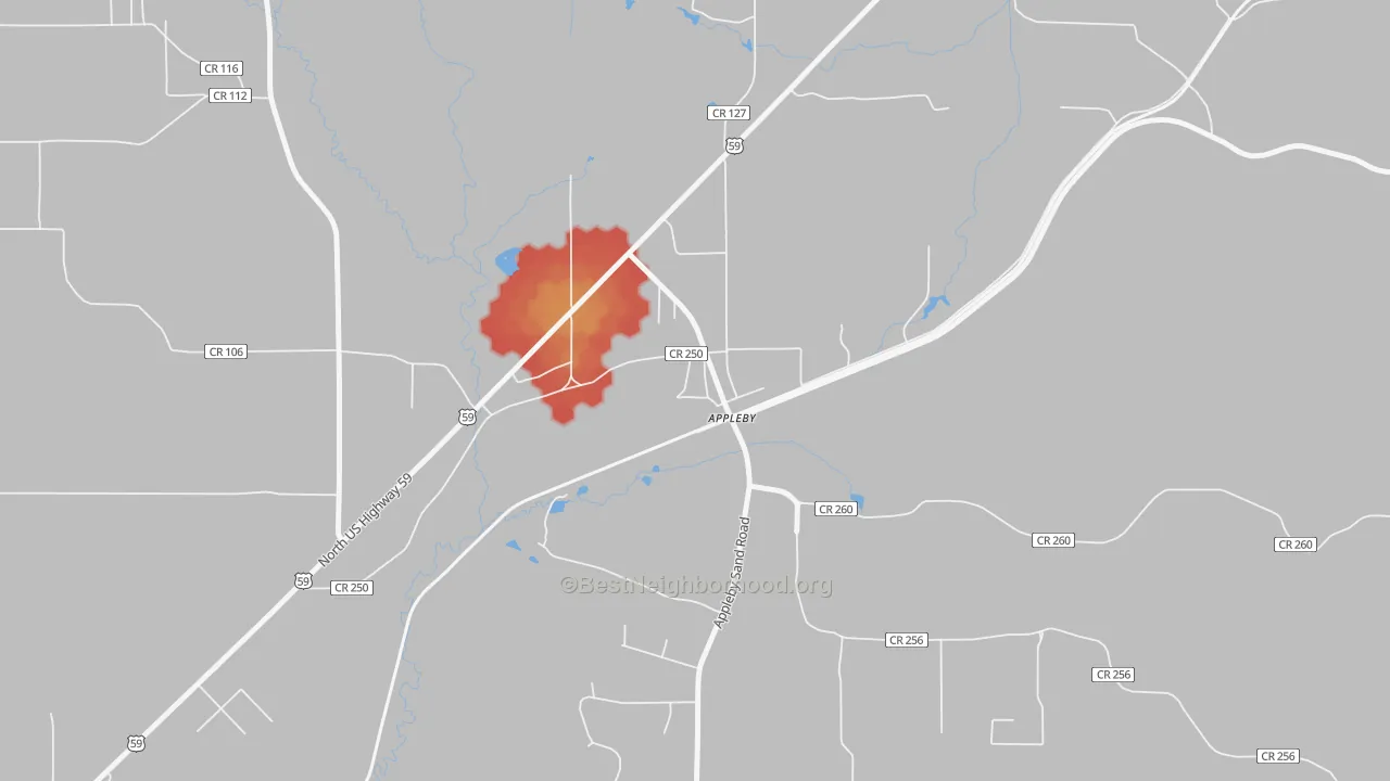 Walk Grade map of Appleby, TX, walkable areas in green and car-dependent areas in red