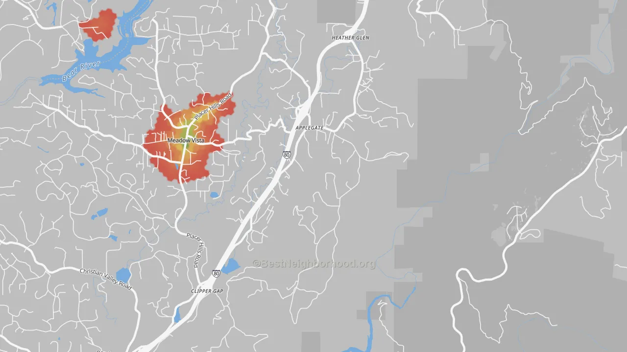Walk Grade map of Applegate, CA, walkable areas in green and car-dependent areas in red
