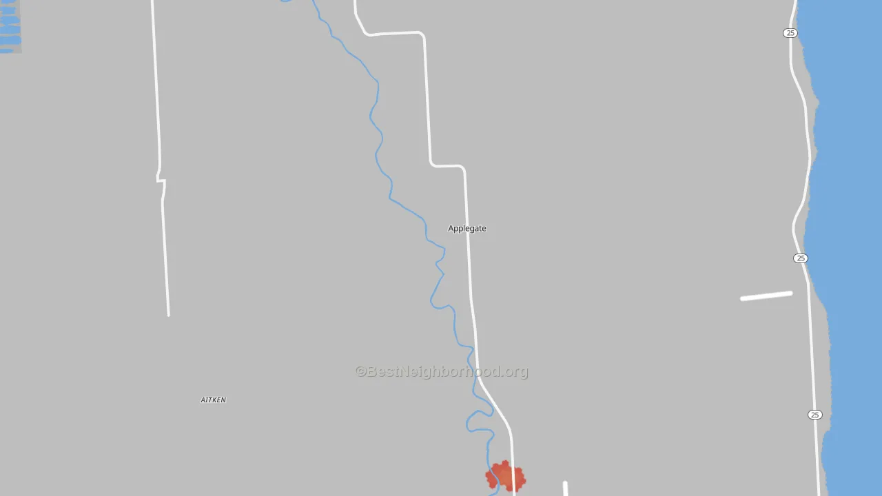 Walk Grade map of Applegate, MI, walkable areas in green and car-dependent areas in red